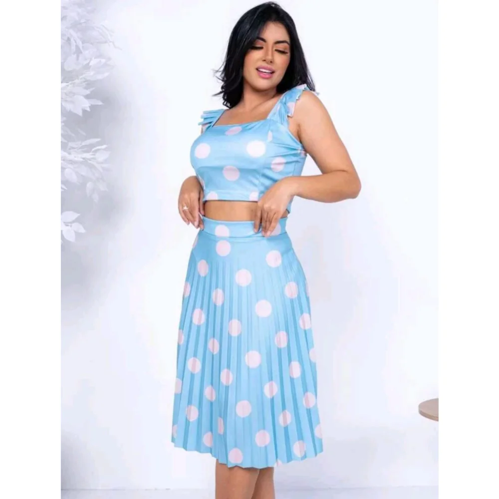 Tendência anos 60: Saia Midi plissado poá cod 037 Azul Bebê