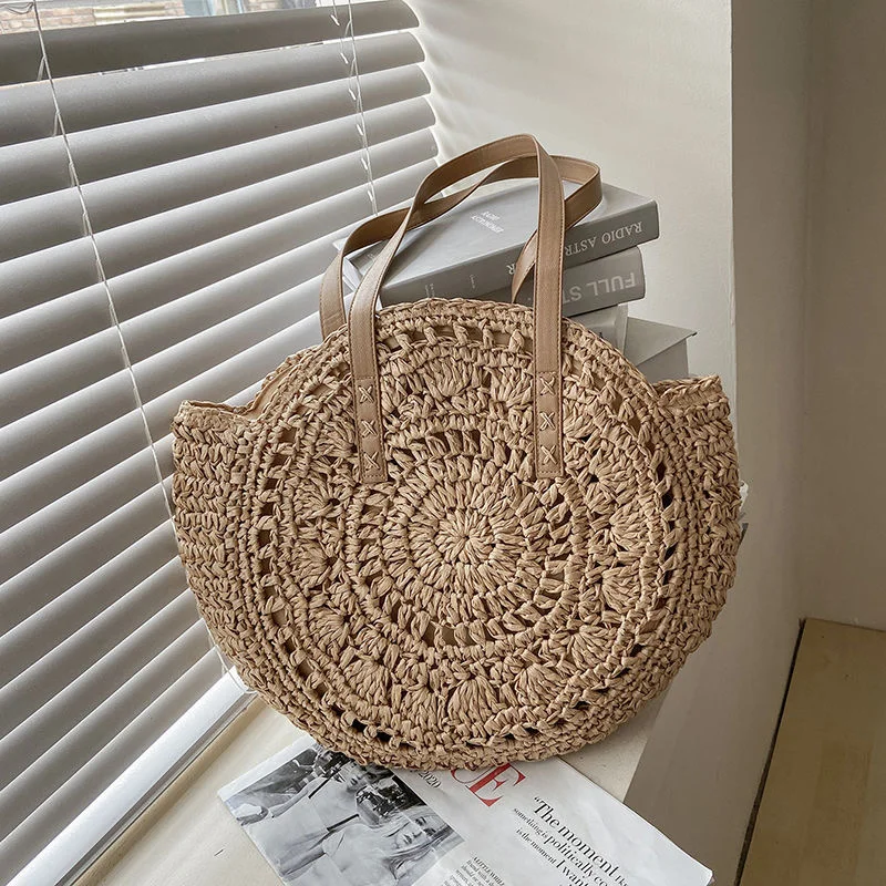 Bolsa redonda de palha feminina para praia - Tote Caqui