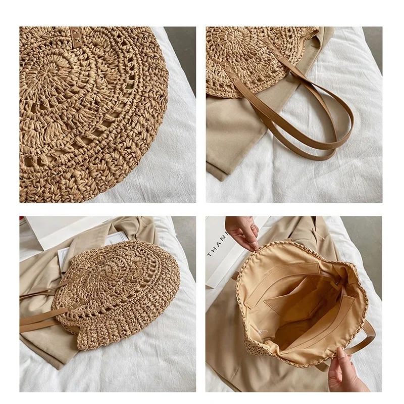 Bolsa redonda de palha feminina para praia - Tote Caqui