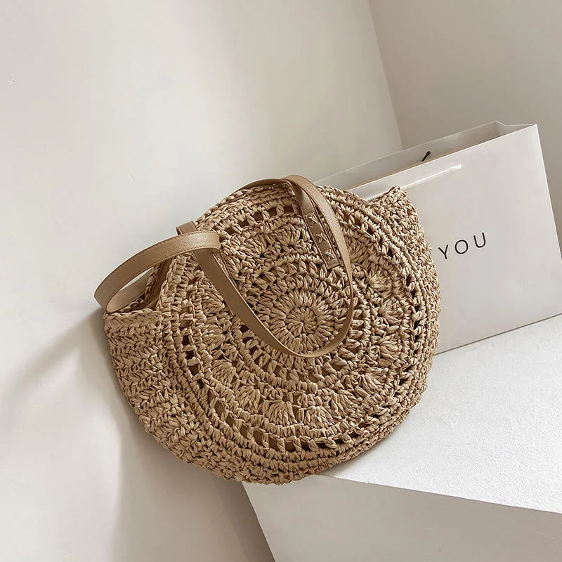 Bolsa redonda de palha feminina para praia - Tote Caqui