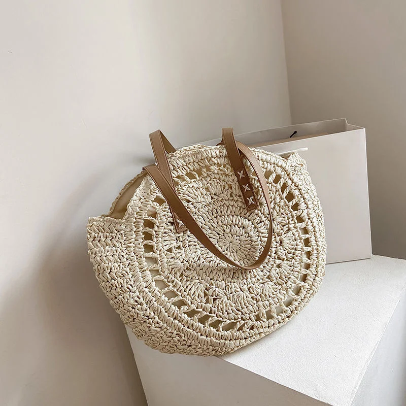 Bolsa redonda de palha feminina para praia - Tote Caqui