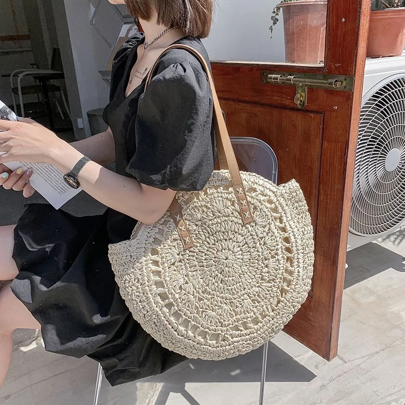 Bolsa redonda de palha feminina para praia - Tote Caqui