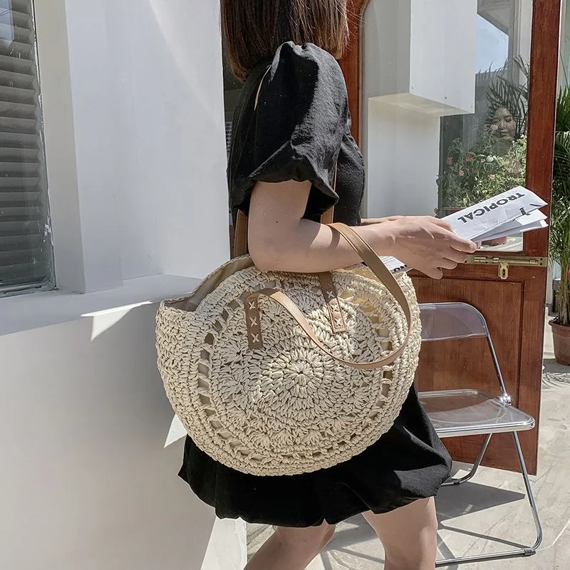 Bolsa redonda de palha feminina para praia - Tote Caqui