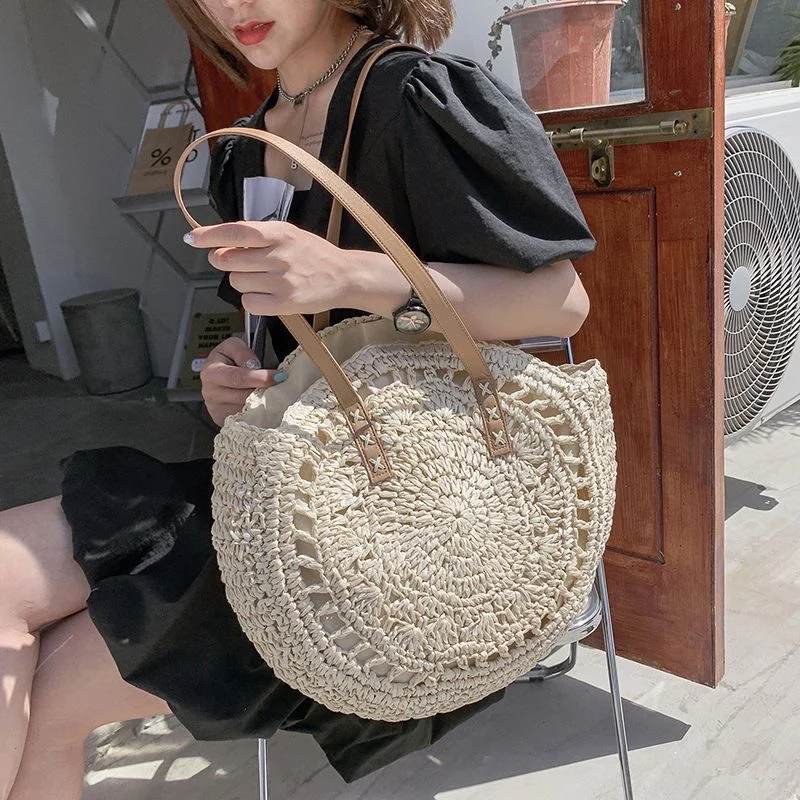 Bolsa redonda de palha feminina para praia - Tote Caqui