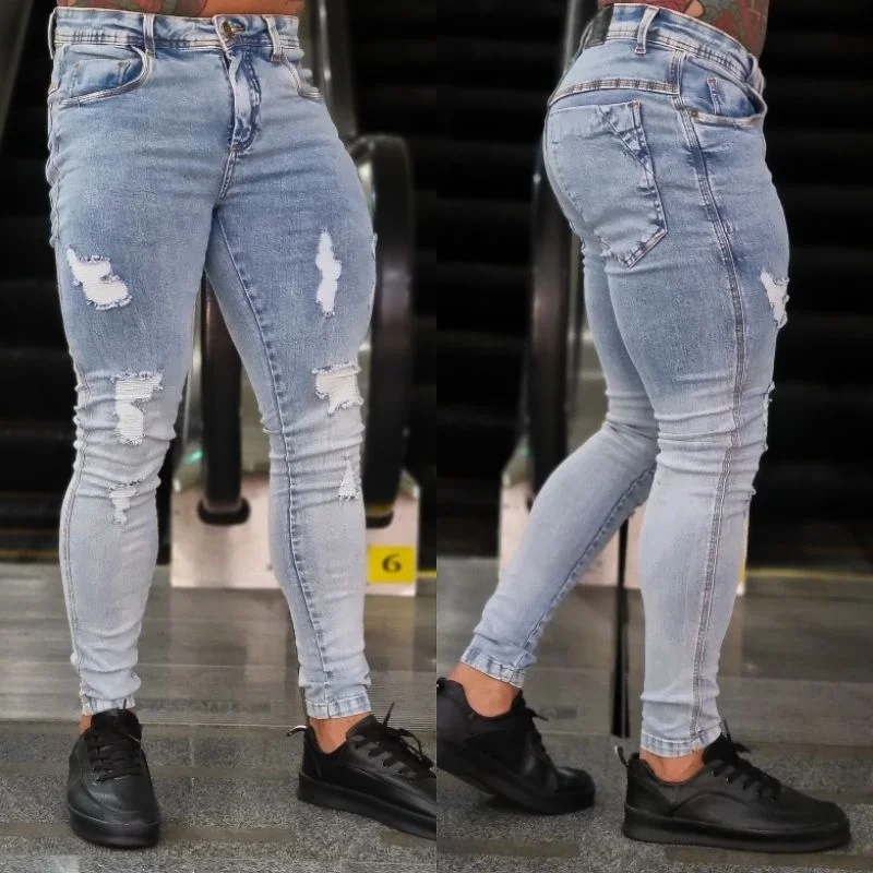 Fashion Week Calça Jeans Masculina Slim Fit Destroyed Skinny 6