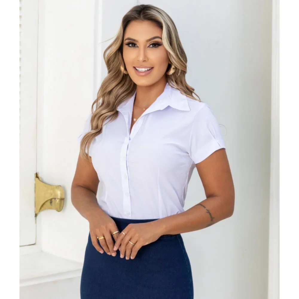 Blusa Feminina Manga Curta Branca Lisa Slim | Moda Evangélica Preto
