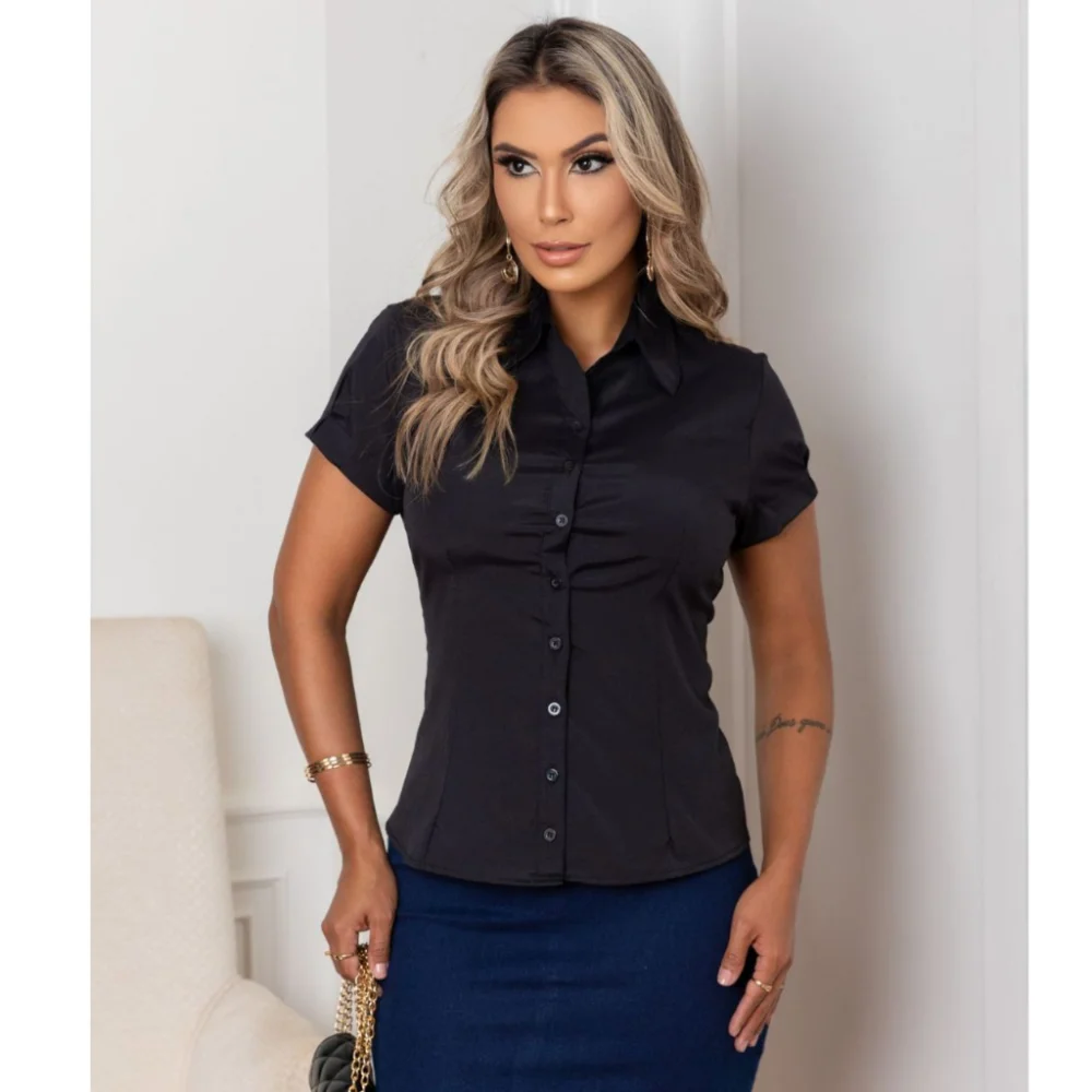 Blusa Feminina Manga Curta Branca Lisa Slim | Moda Evangélica Preto