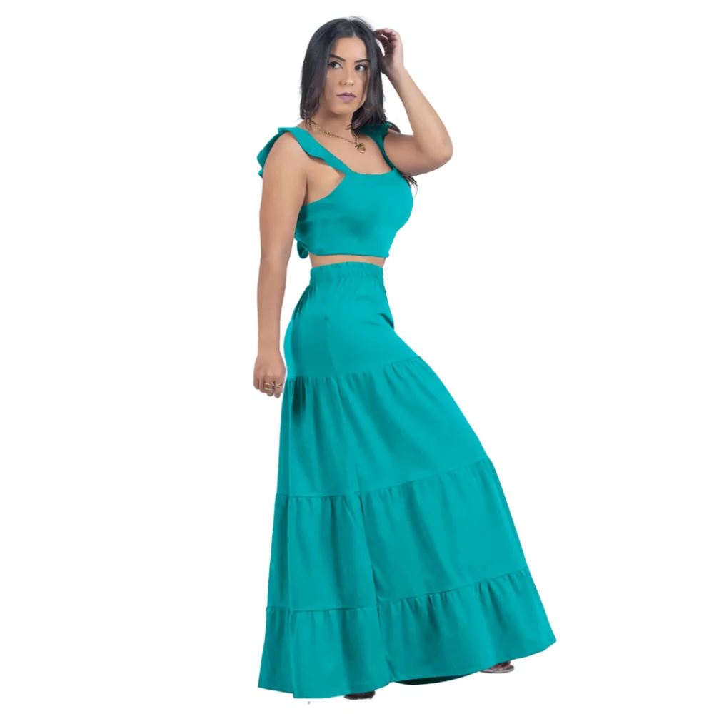 Moda feminina: Saia Longa + Cropped Top Casual Longo Preto