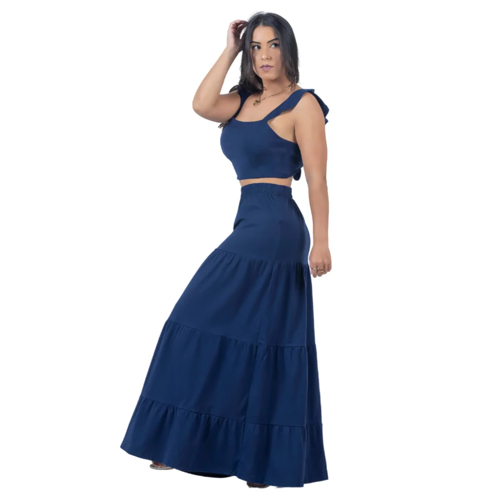 Moda feminina: Saia Longa + Cropped Top Casual Longo Preto