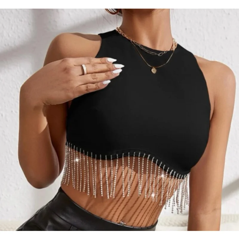 Regata Cropped com Franja em Strass - Modelo Nadador Tendência Blogueira Preto