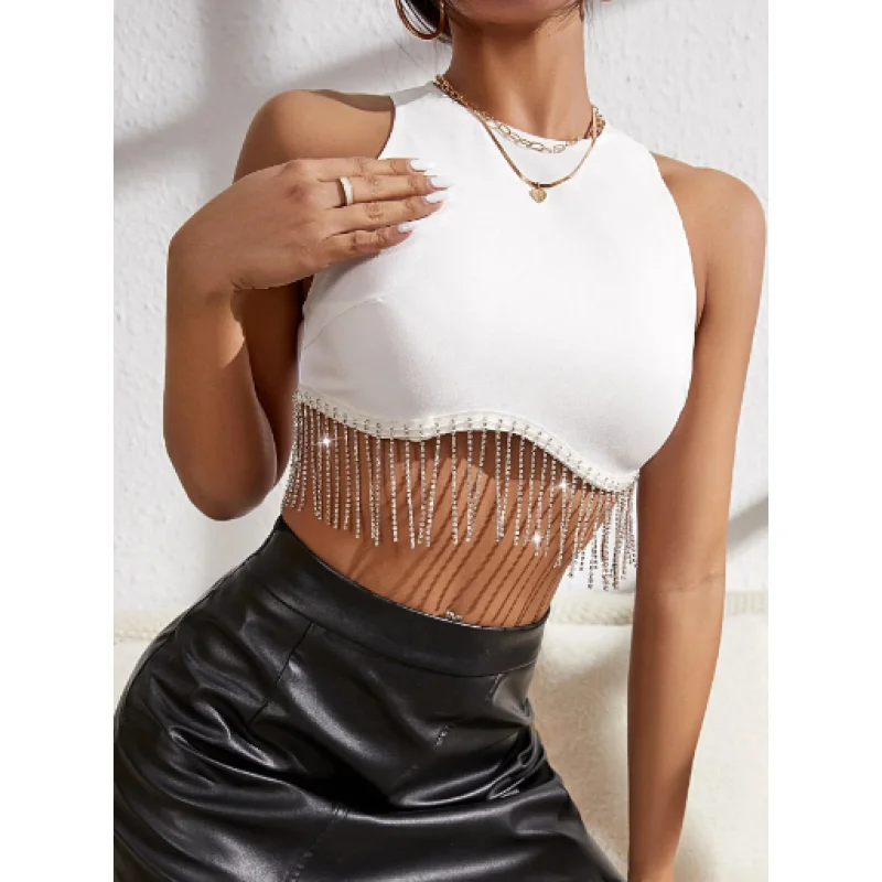 Regata Cropped com Franja em Strass - Modelo Nadador Tendência Blogueira Preto