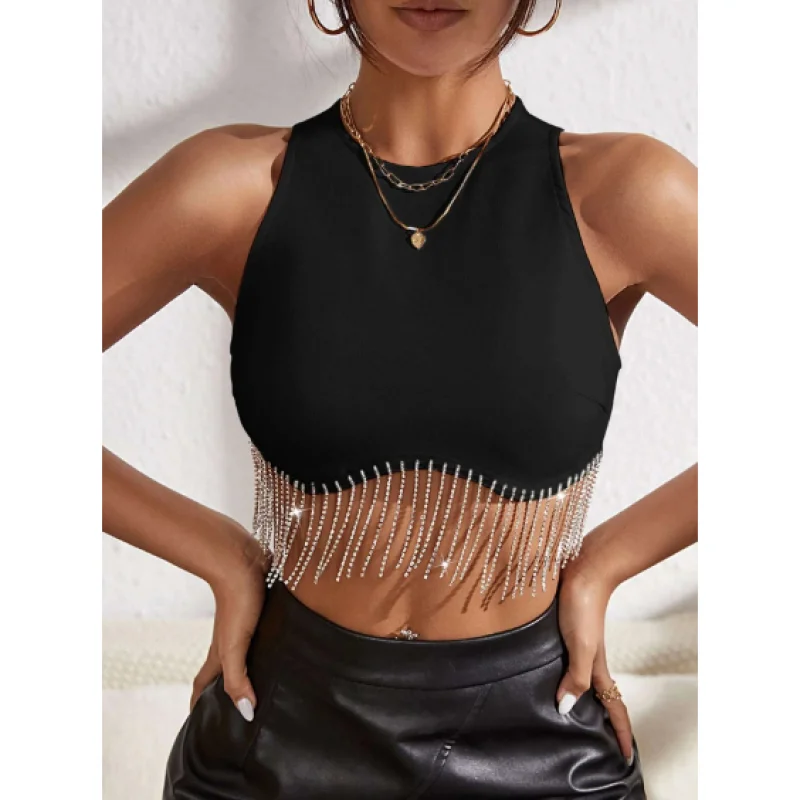 Regata Cropped com Franja em Strass - Modelo Nadador Tendência Blogueira Preto