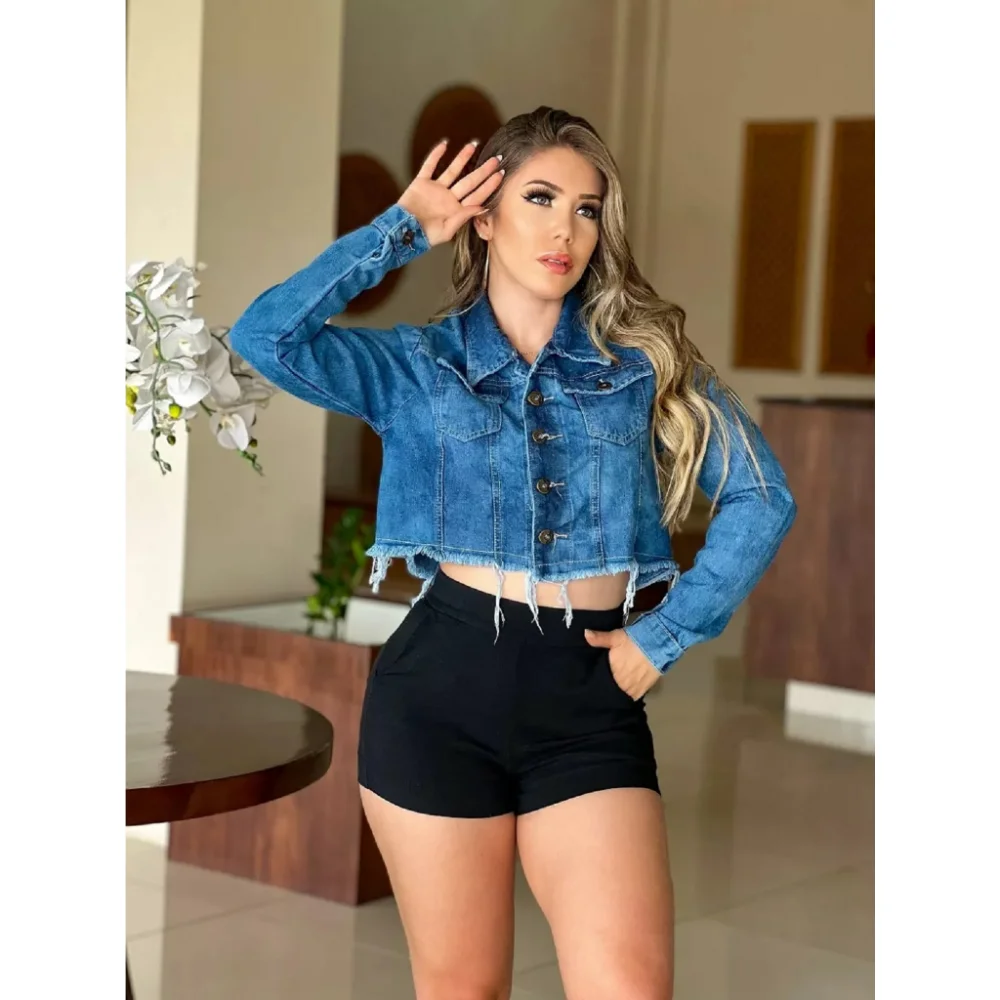 Lançamento da Moda: Jaqueta Jeans Cropped Feminina Manchada G 42