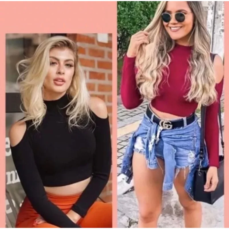 Cropped Feminino Manga Longa Gola Alta Inverno Preto