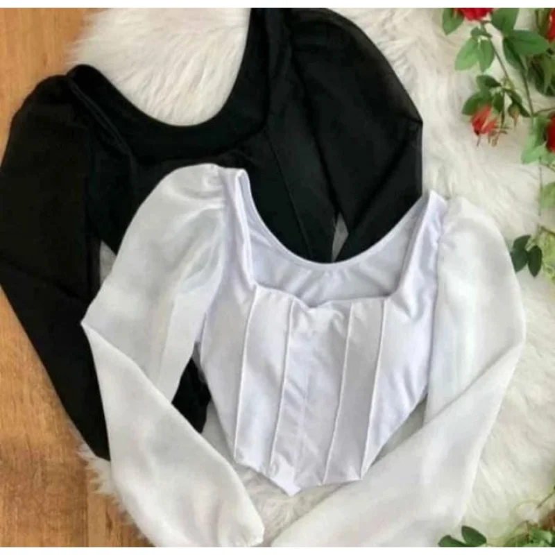 Blusa Manga Longa Corset Cropped Bloguerinha De Tule Zebra