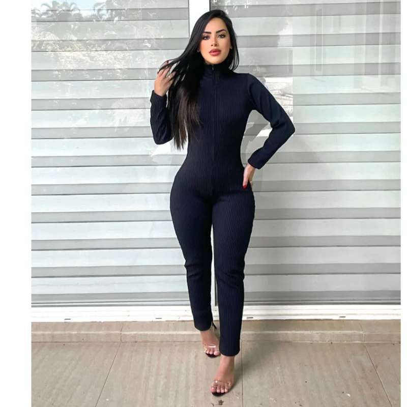 Macacão Moda Gringa Canelado Premium - Zíper Frontal Longo Preto