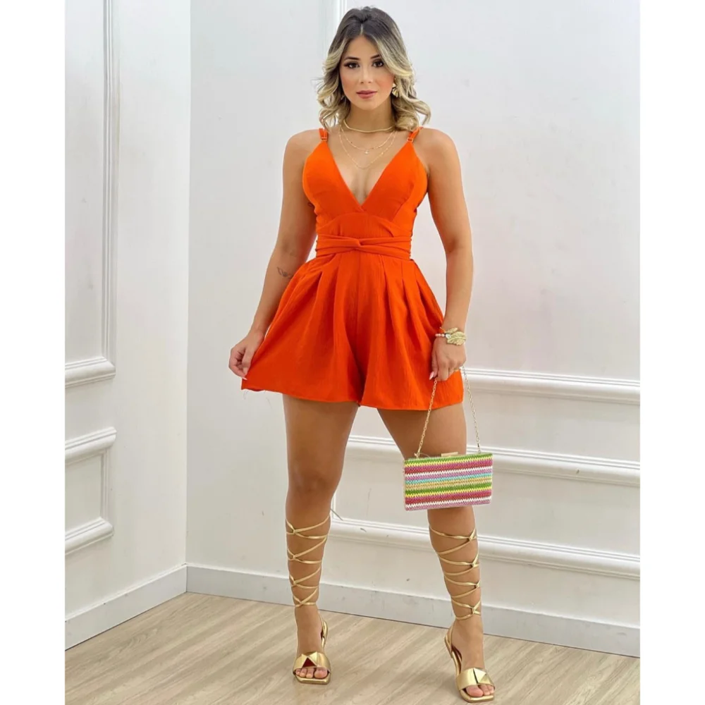 Lançamento feminino: Macaquinho luxo decote em V / verão Laranja