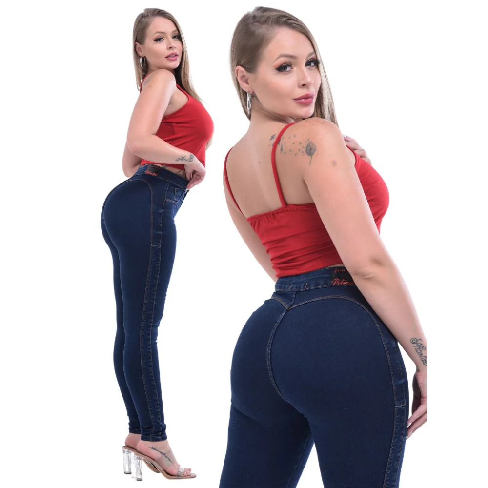 Calça Feminina Cintura Alta Levanta Bumbum Jeans Lycra Lavagem escura