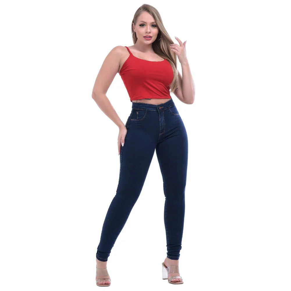 Calça Feminina Cintura Alta Levanta Bumbum Jeans Lycra Lavagem escura