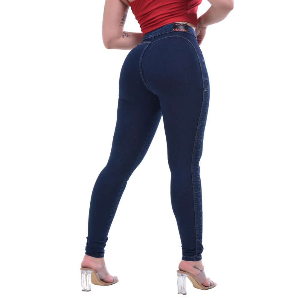 Calça Feminina Cintura Alta Levanta Bumbum Jeans Lycra Lavagem escura