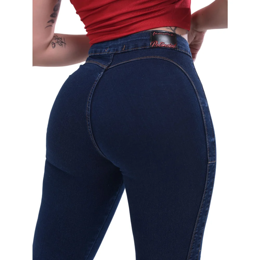 Calça Feminina Cintura Alta Levanta Bumbum Jeans Lycra Lavagem escura