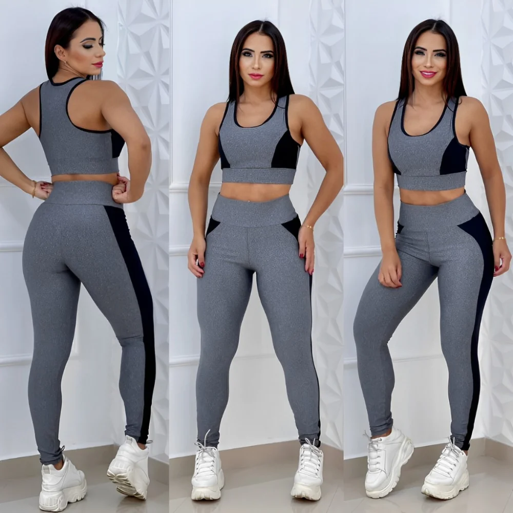 Moda Fitness Feminina: Conjunto Suplex Top + Calça Legging Cintura Alta 2 peças Preto/Azul