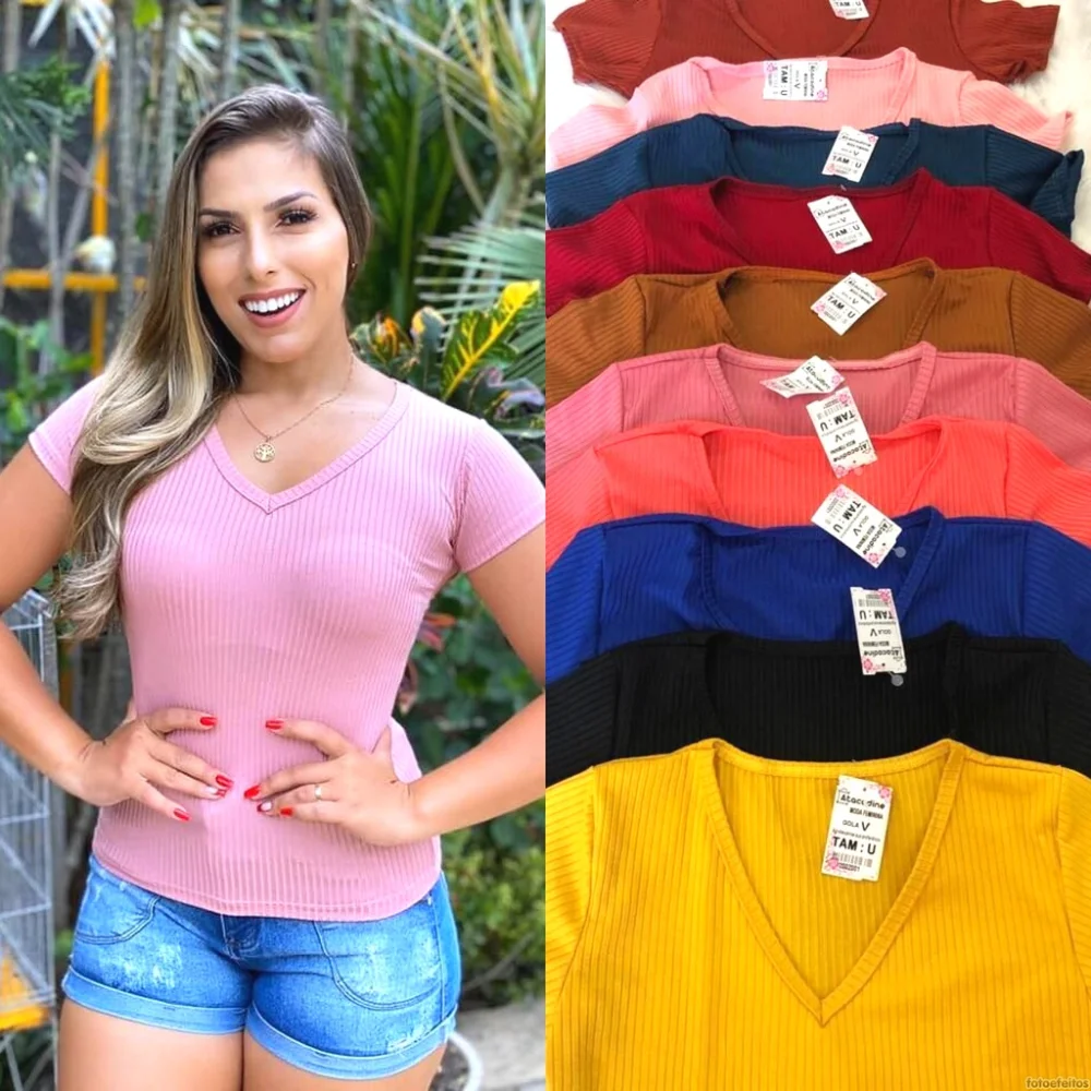 Blusinha Feminina Canelada Gola V Manga Curta - Veste 36/40 CORES VARIADAS