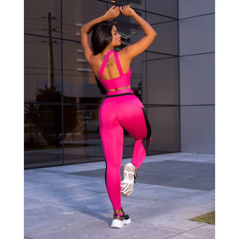 Top conjunto fitness legging academia com bojo Preto com rosa
