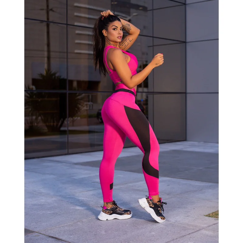 Top conjunto fitness legging academia com bojo Preto com rosa