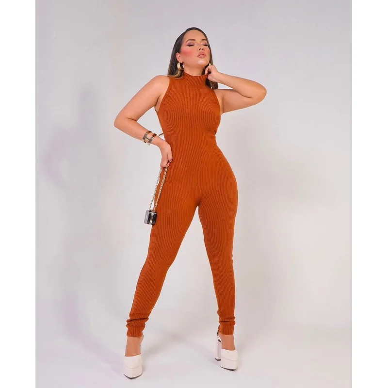 Lançamento 2023: Macacão Tricot Gola Alta Modal Feminino Rosa Pink