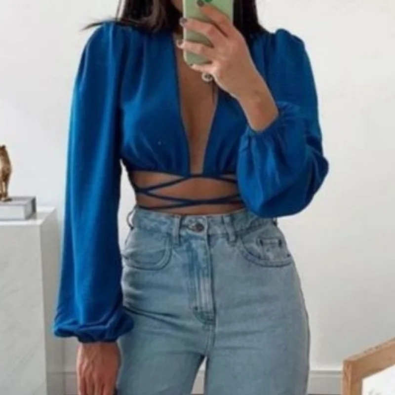 Cropped Transpassado Manga Bufante - Crepe Duna Preto