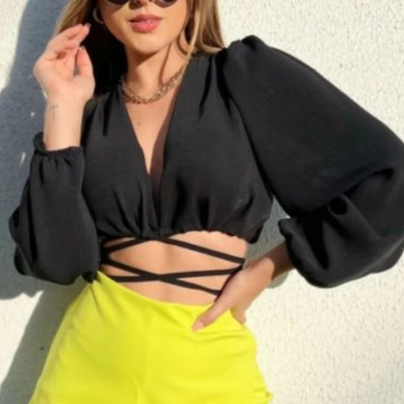 Cropped Transpassado Manga Bufante - Crepe Duna Preto