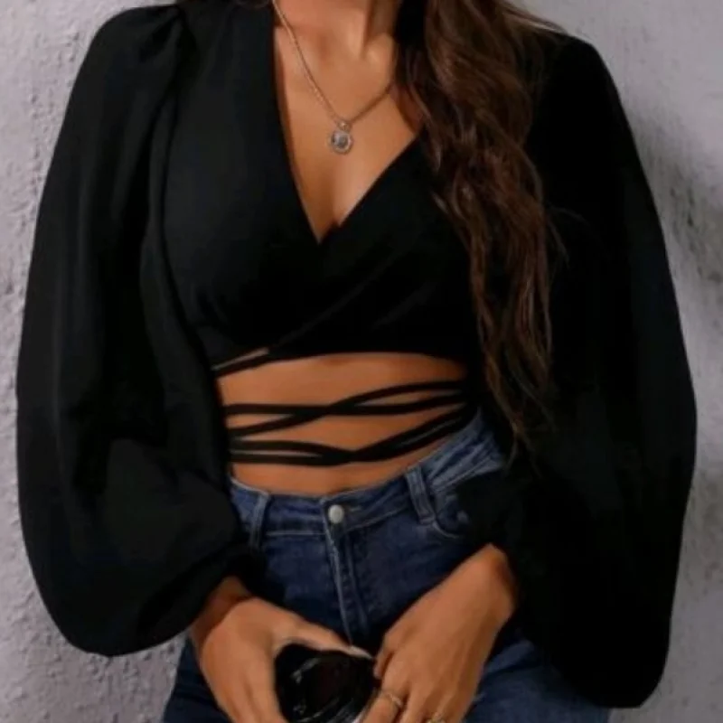 Cropped Transpassado Manga Bufante - Crepe Duna Preto