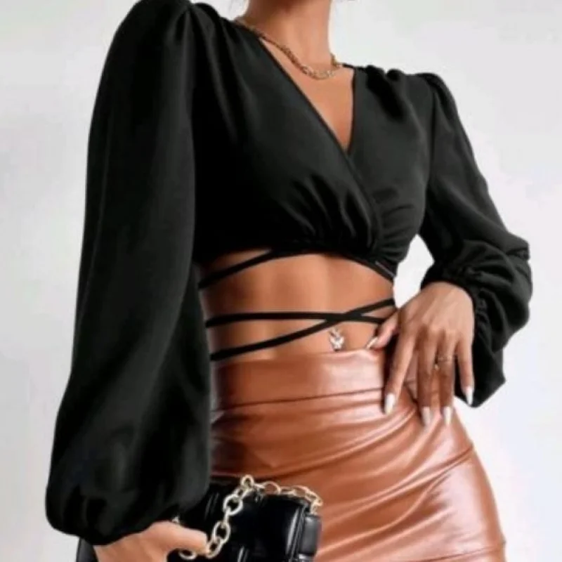 Cropped Transpassado Manga Bufante - Crepe Duna Preto