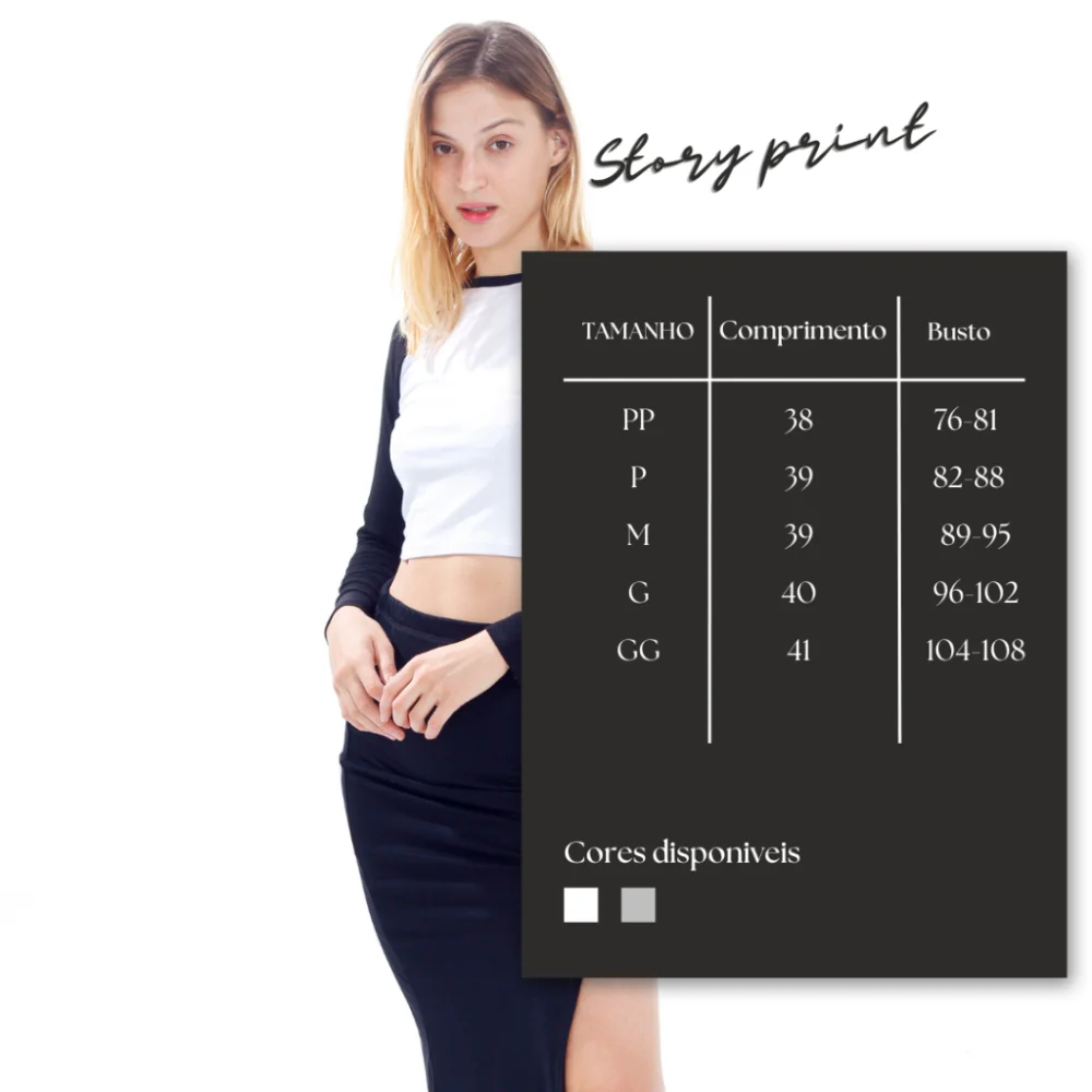 Blusa Cropped Manga Longa Raglan - Moda Feminina BRANCO/PRETO