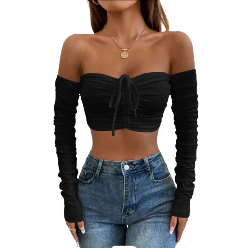 Tendência Ciganinha: Cropped Feminino Franzido Ombro a Ombro Preto