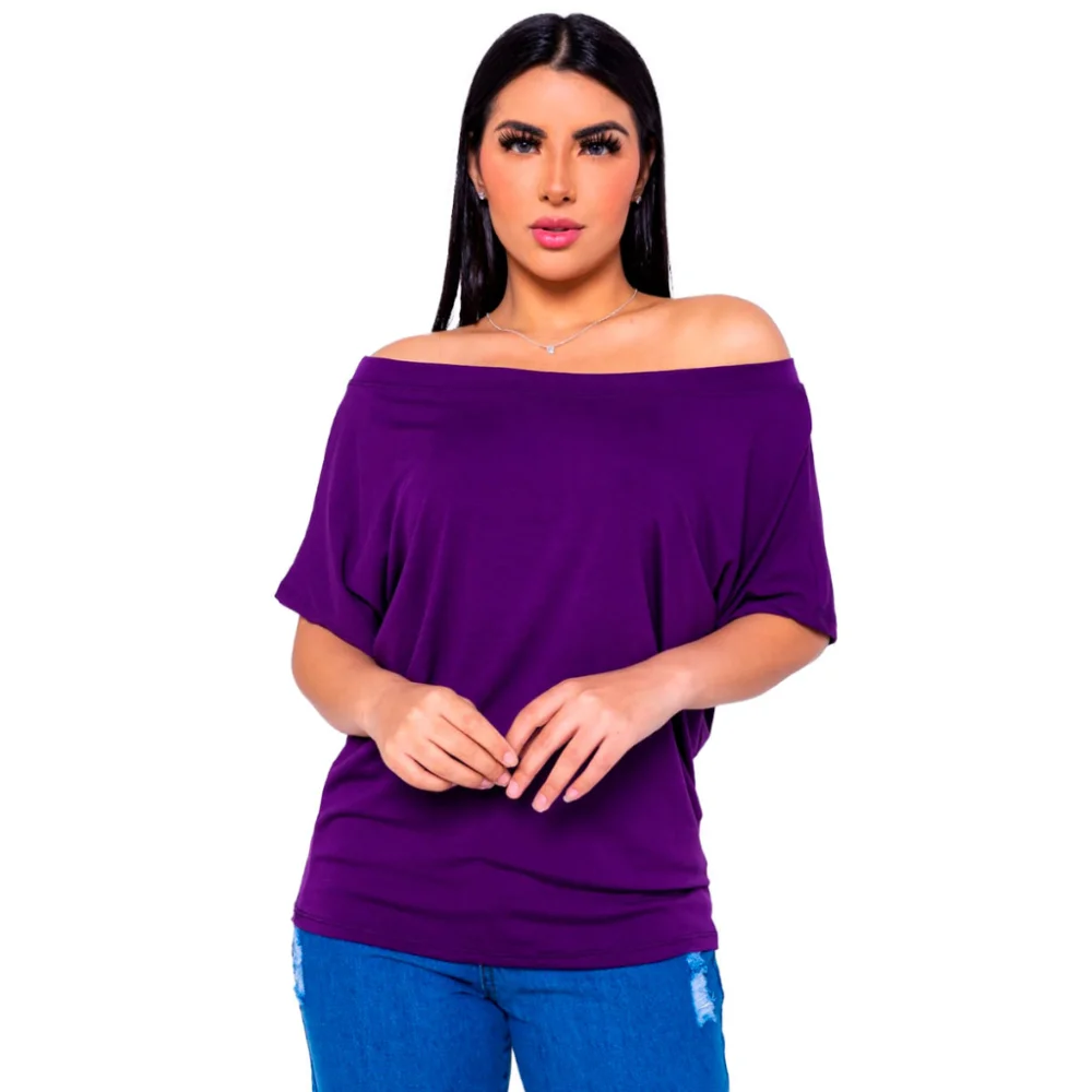 Camisa Feminina Gola Canoa Manga Curta - Blusa Basica Soltinha Fúcsia