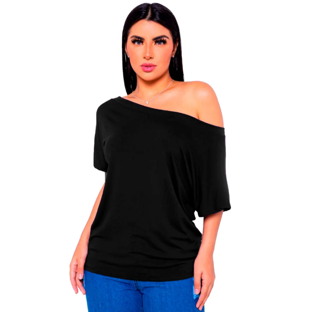 Camisa Feminina Gola Canoa Manga Curta - Blusa Basica Soltinha Fúcsia