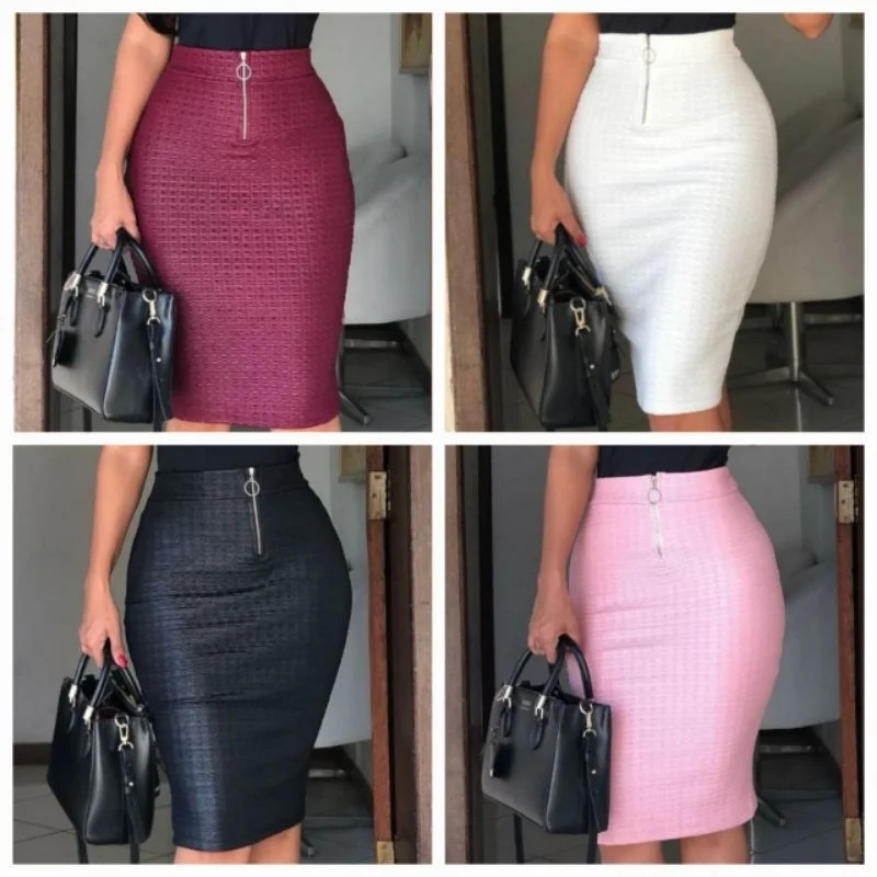 Saia evangélica midi reta com zíper - Preto, Branco, Marsala e Rosa Preto