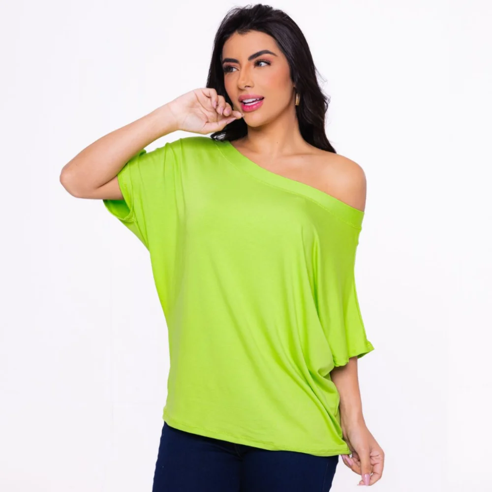 Camisa Feminina Gola Canoa Manga Curta - Blusa Basica Soltinha Fúcsia