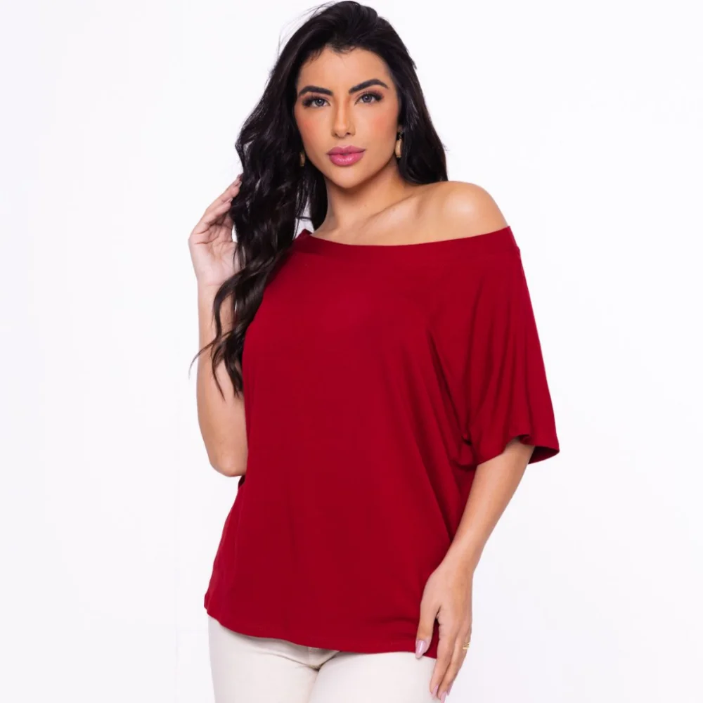 Camisa Feminina Gola Canoa Manga Curta - Blusa Basica Soltinha Fúcsia