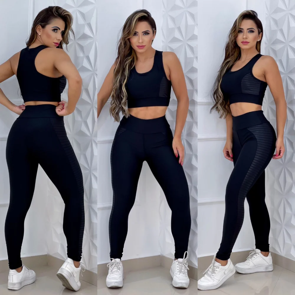 Moda Fitness Feminina: Conjunto Suplex Top + Calça Legging Cintura Alta 2 peças Preto/Azul
