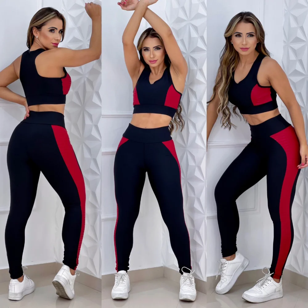 Moda Fitness Feminina: Conjunto Suplex Top + Calça Legging Cintura Alta 2 peças Preto/Azul