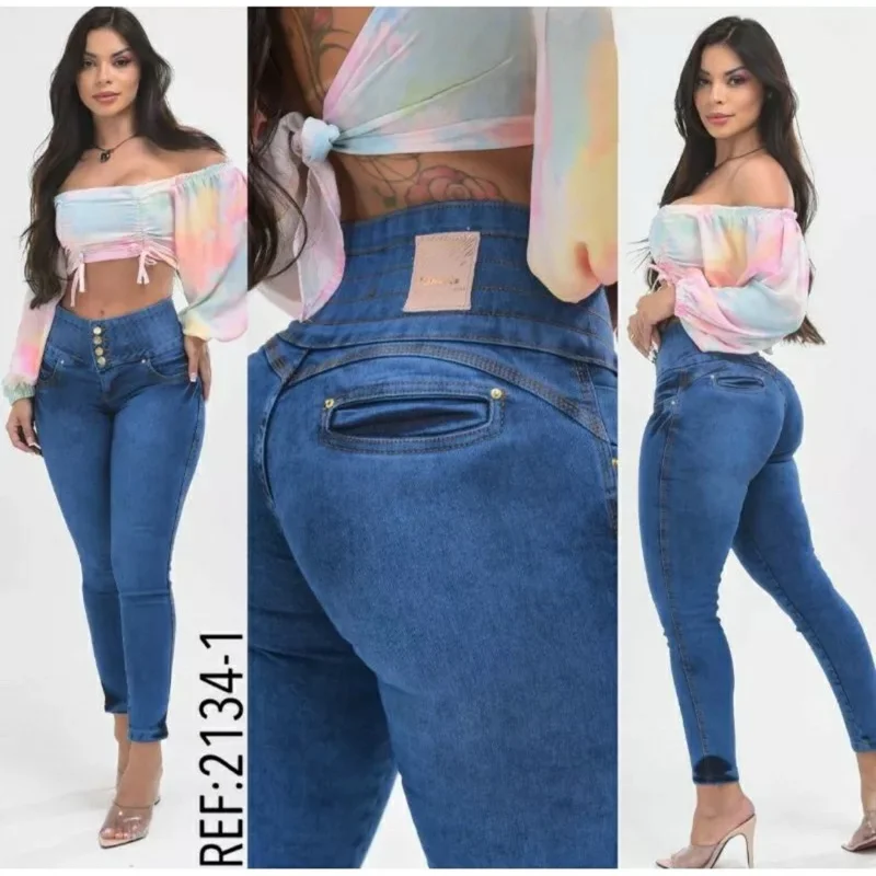 Calça jeans cintura alta com elástico no cós 2017