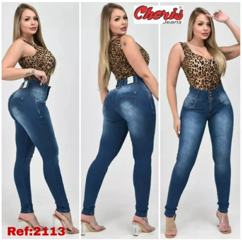 Calça jeans cintura alta com elástico no cós 2017