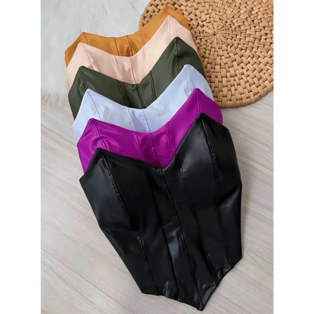 Corset Cropped Feminino Couro Fake Preto Morcego Tomara Que Caia Verde Militar