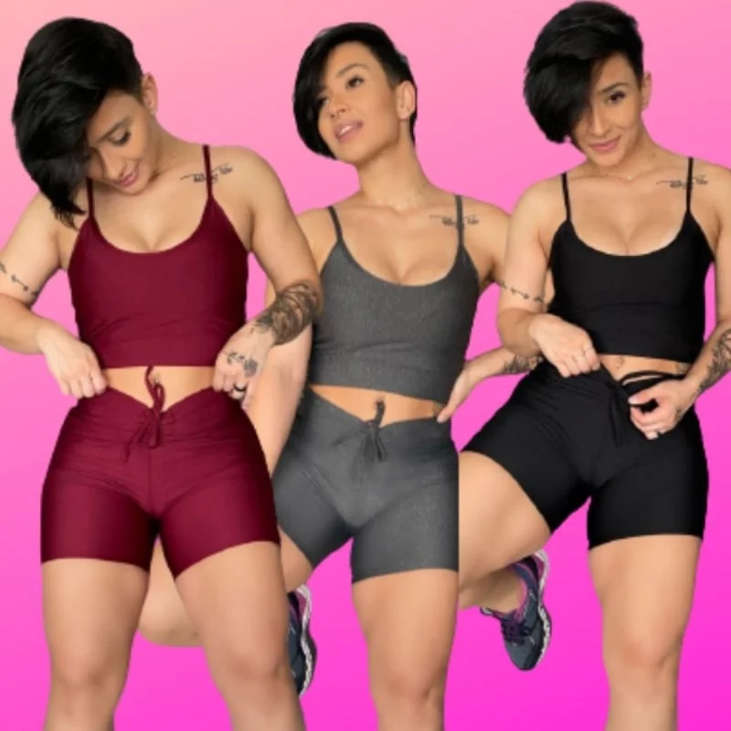 Promoção Conjunto Fitness Feminino Top + Shorts - Kit 2 Peças Azul Marinho