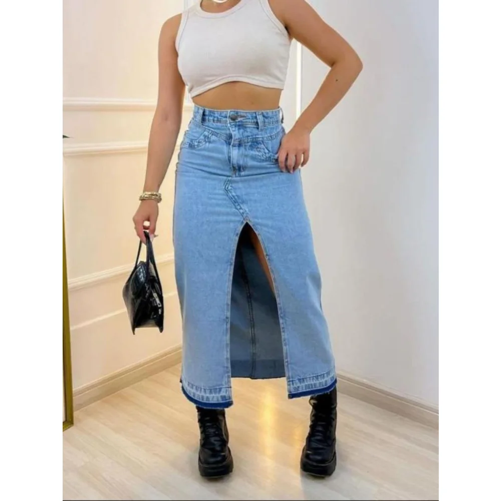 Saia Longa Jeans Elegante Feminina - Tendência Chique ADDMODA Azul