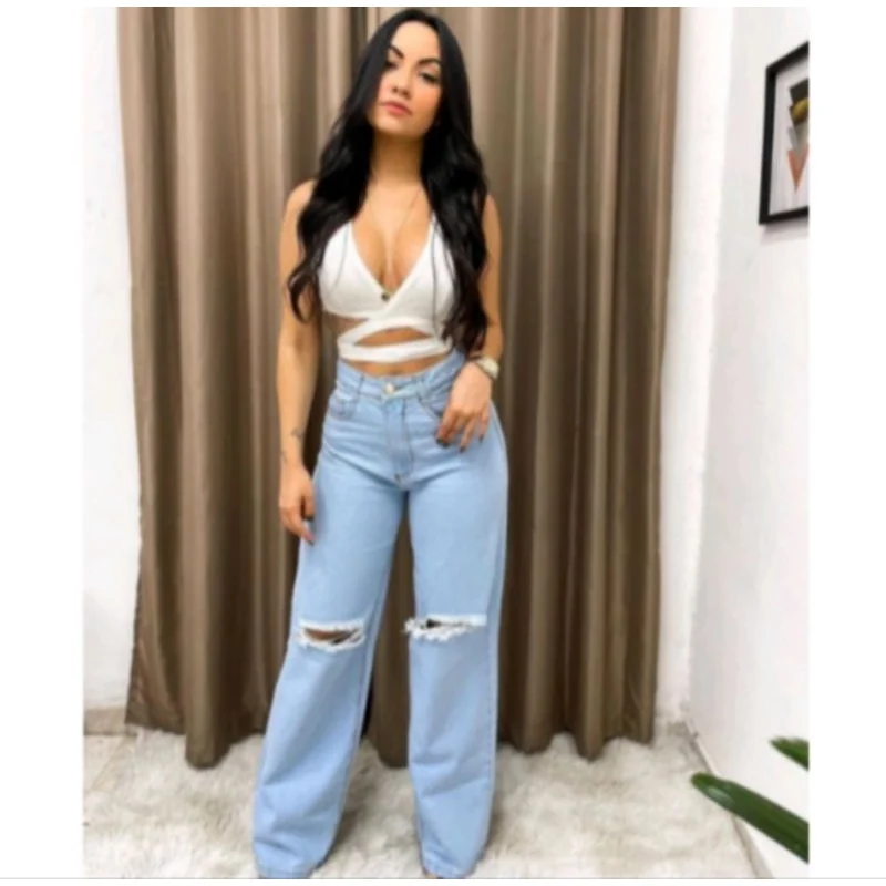 Pantalona jeans feminina wide leg - Raryel Calça Preta Premium