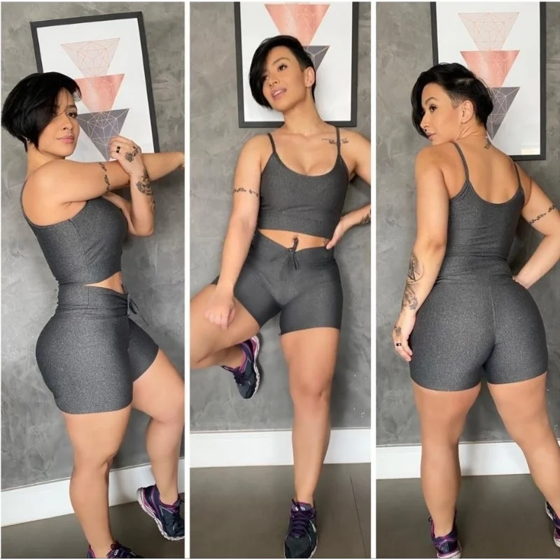 Promoção Conjunto Fitness Feminino Top + Shorts - Kit 2 Peças Azul Marinho